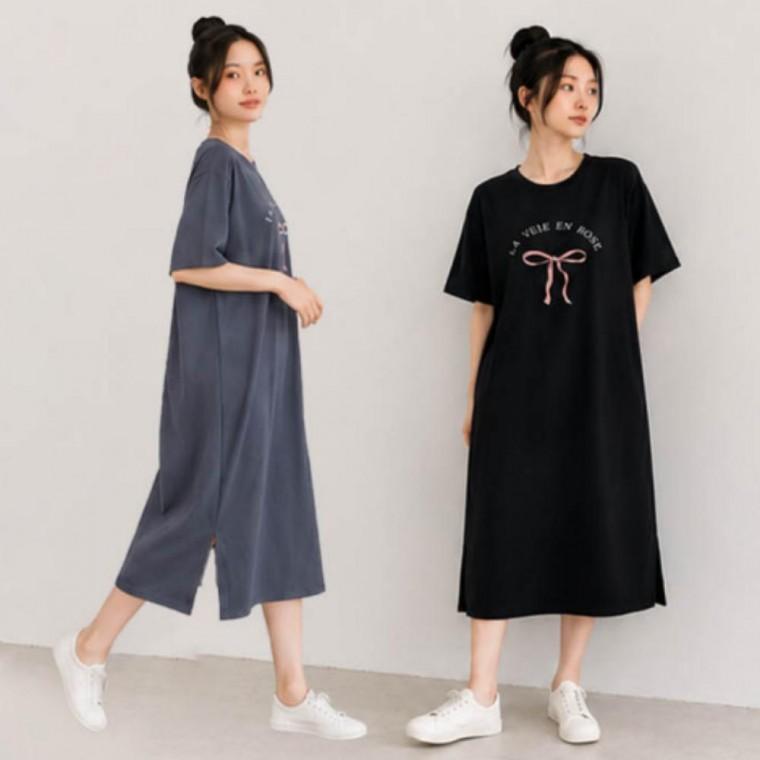 2컬러 사랑스러운 심플 핑크리본 여름 반팔 롱원피스