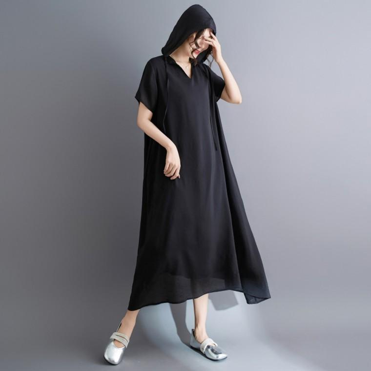 F007731 루즈핏 반팔 후드 A라인 롱원피스
