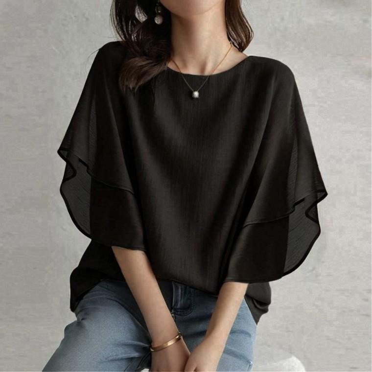 F007730 2단프릴쉬폰 시스루 라운드 반팔블라우스
