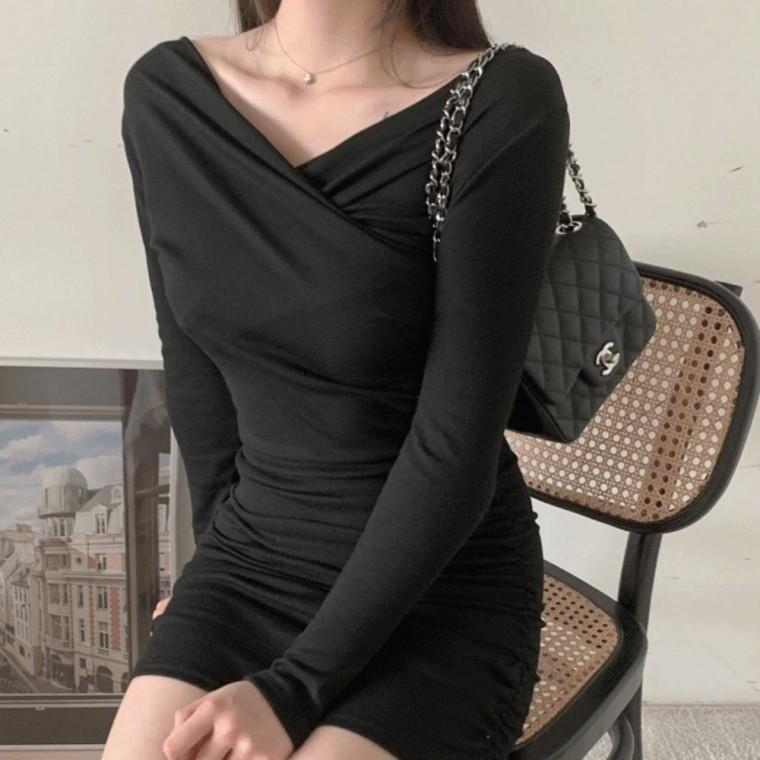 여성 셔링 원피스 브이넥 긴팔 스판 슬림 미니 드레스 가을원피스 긴팔원피스