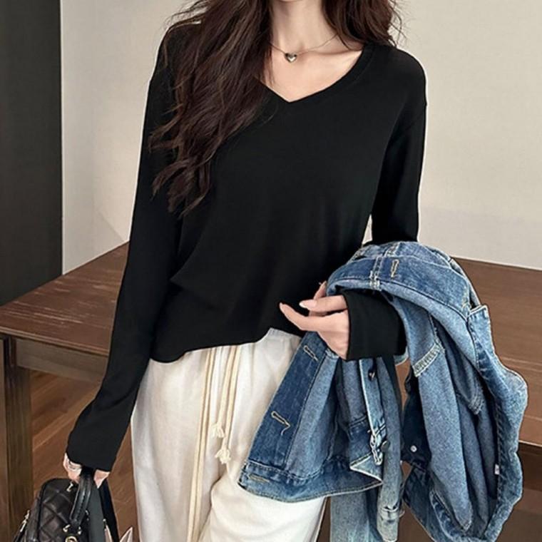 오버핏브이넥 여성면티셔츠 여성롱슬리브티셔츠