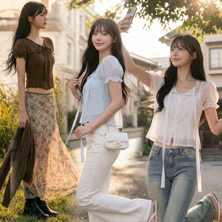 시어타이블라우스 리본 스트랩 핀턱 반팔셔츠 시스루