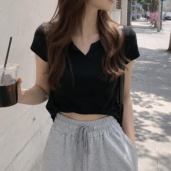 포인트 크롭 데일리 브이슬릿 반팔 티셔츠 LK-T22