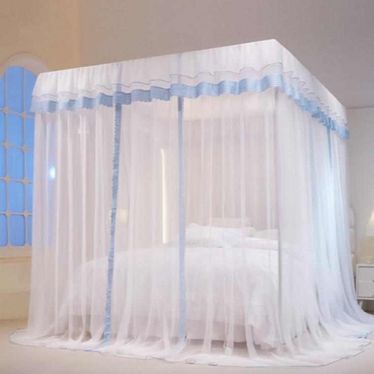 체크 커튼형 침대 모기장 150x200cm 블루 커튼모기장 침대사각모기장