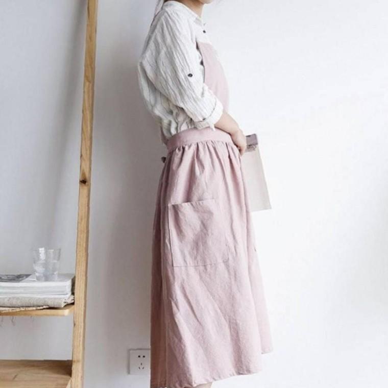 북유럽 깔끔한 스타일 린넨 프릴 원피스 앞치마 원예 캐주얼