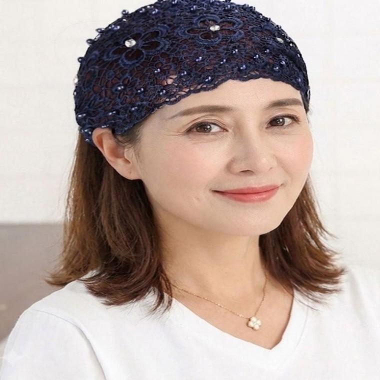 4컬러 소프트 플라워 패턴 진주 레이스 와이드 헤어밴드