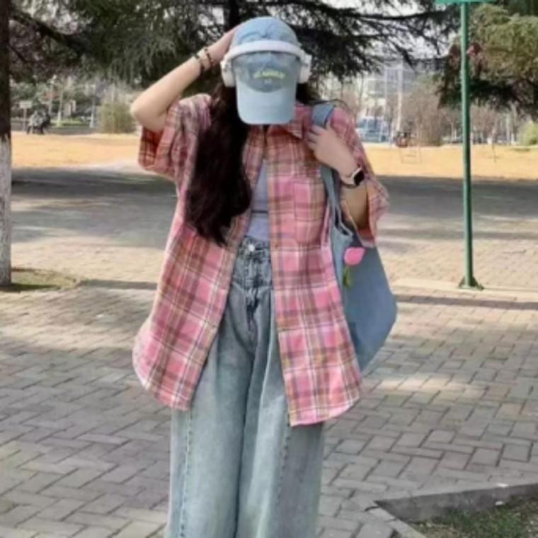 여성 빈티지 스트릿 체크 루즈핏 남방 포켓 긴팔 셔츠