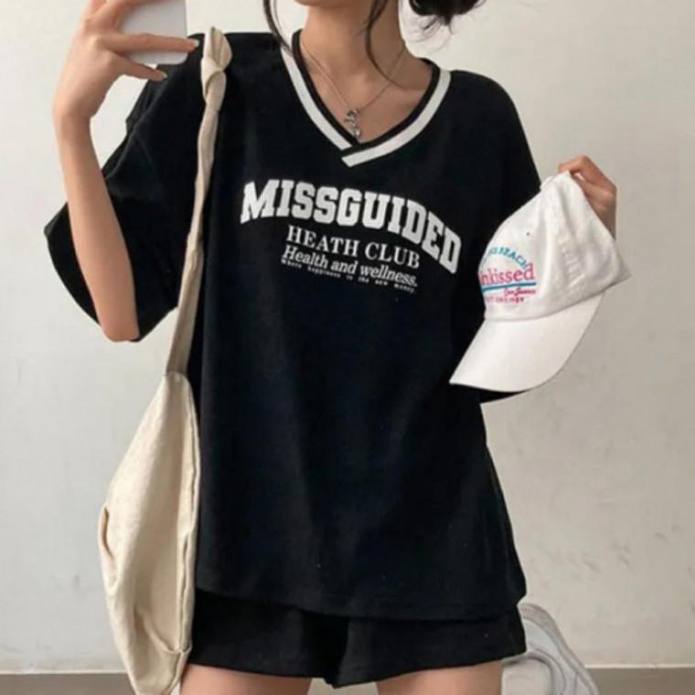 베이직 레터링 프린팅 여성 캐주얼 브이넥 반팔 셋업