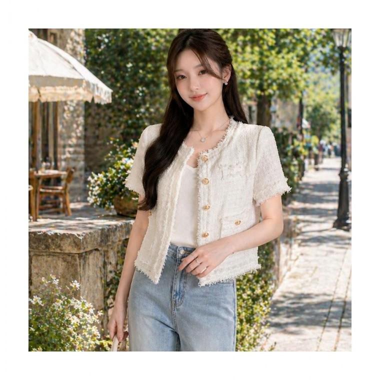 루미나D 화이트 여성 반팔 트위드 자켓