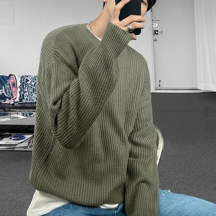 니트 남성 베이직 하찌 짜임 드롭 숄더 루즈핏 긴팔