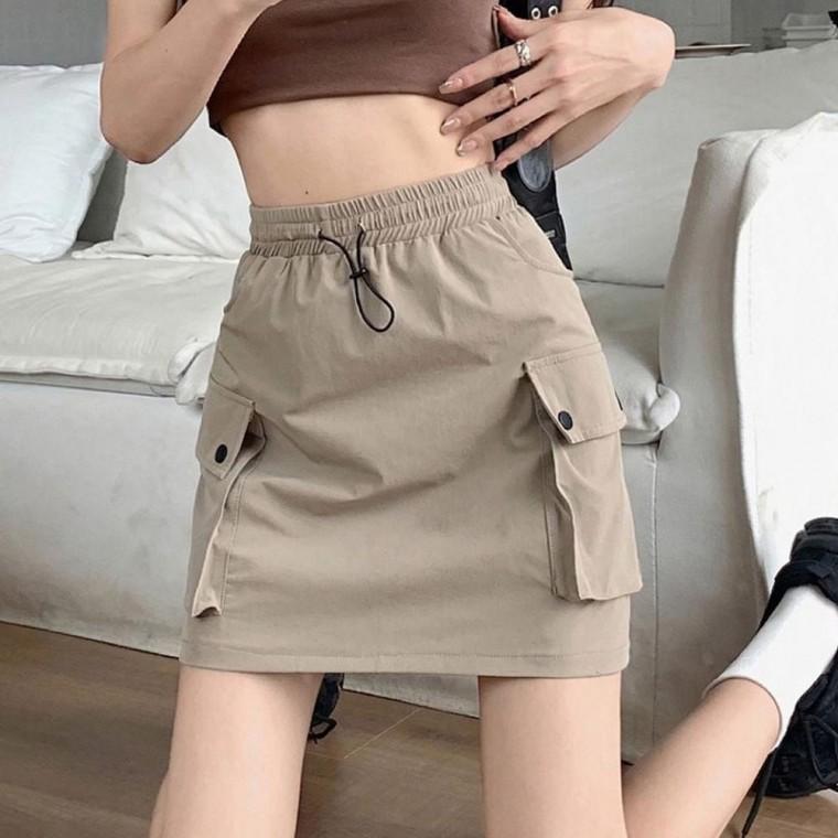 스커트 여성 산뜻한 소재 스트링 허리핏 조절 카고 포켓