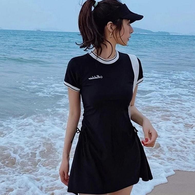 수영복 투피스 스포티 카라 배색 반팔 스커트