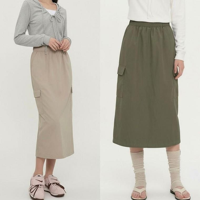 스커트 여성 카고 바스락 밴딩 롱 포켓 3색