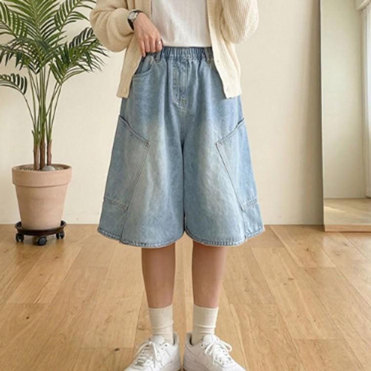 여성 카고 버뮤다 밴딩 데님 팬츠 1P 캐주얼 여름 데일리 청반바지 패션