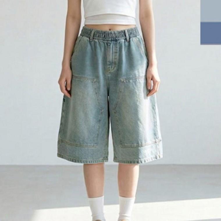 여성 은은한 워싱 버뮤다 밴딩 데님 팬츠 1P 캐주얼 여름 데일리 청반바지