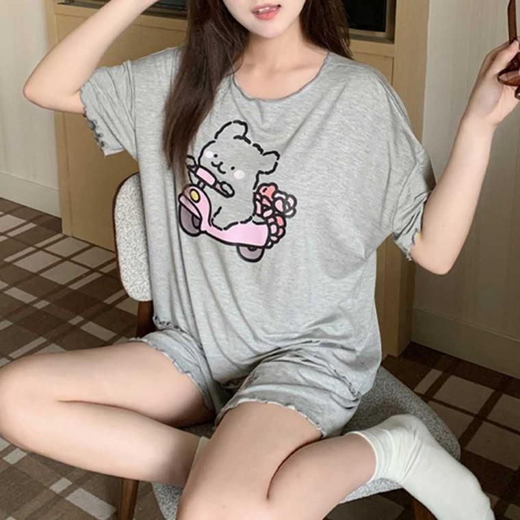 잠옷 홈 룸 웨어 캐릭터 캡 내장 반팔 반바지 세트