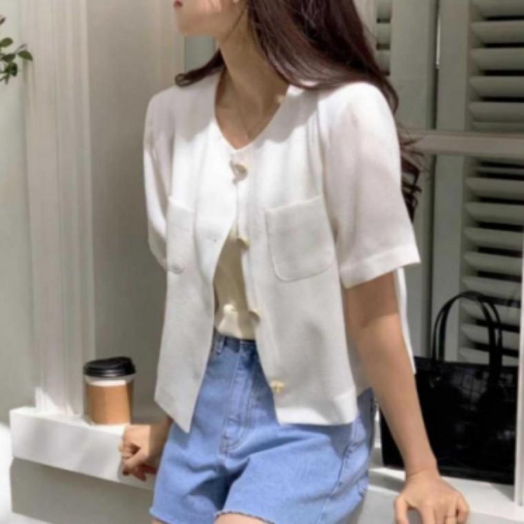 여성 여름 노카라 포켓 반팔자켓