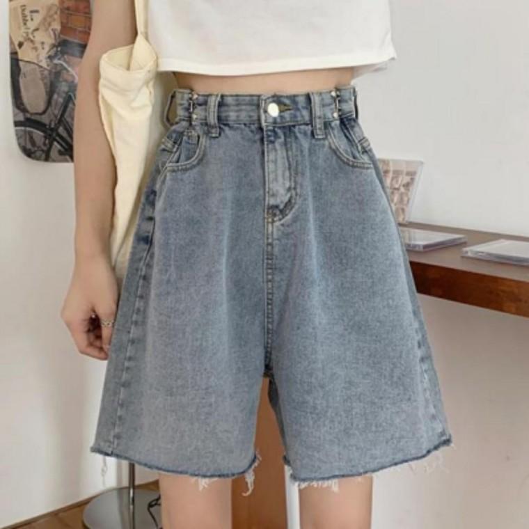 허리조절 데님 워싱 여름 와이드 청반바지 여자 하이웨스트 5부 청바지