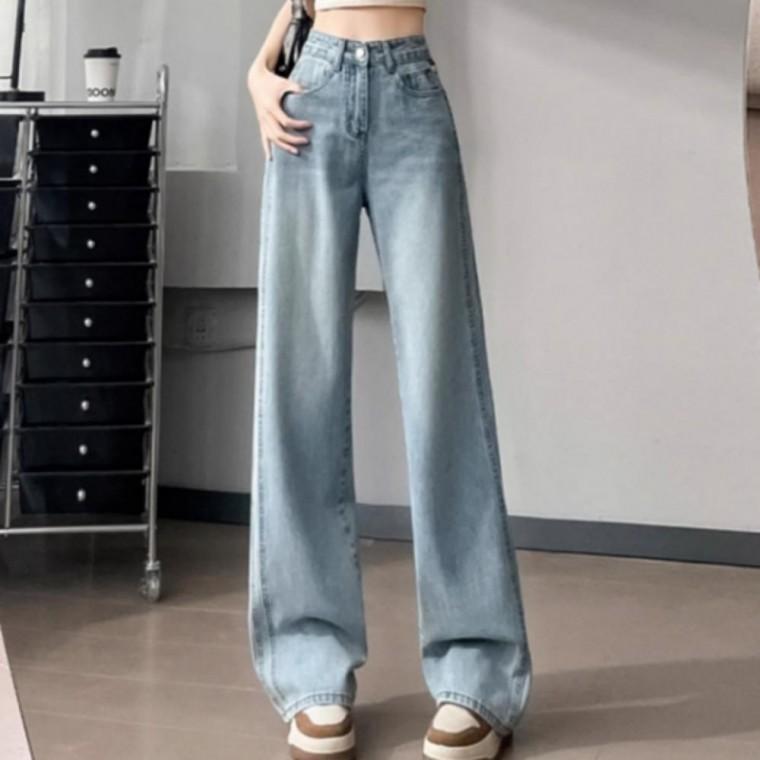 청량한 연청 데님팬츠 청바지 하이웨스트 여성 여름 와이드 일자 핏 진