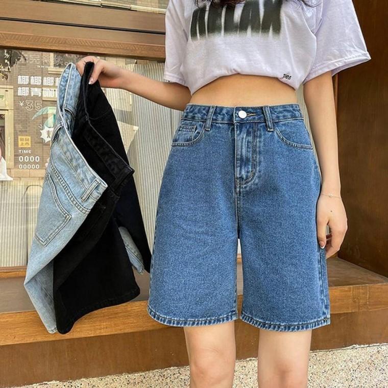 5부 데님 청 반바지 여름 하이웨스트 와이드 팬츠 여성 진 청바지 숏츠