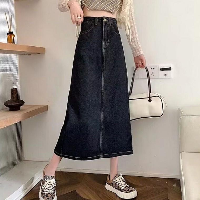 여자 데일리 외출룩 베이직 데님 A라인 롱스커트