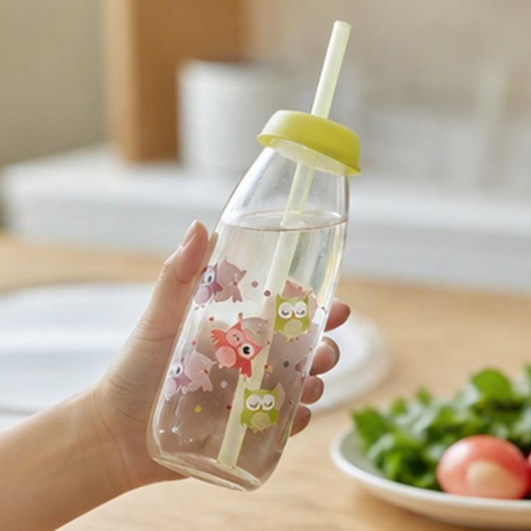 유리물병 빨대물병 부엉이 고양이 캐릭터 어린이용 분리세척 식탁물병