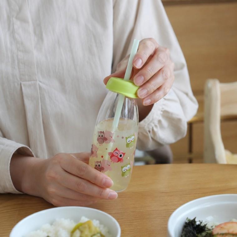 어린이 유리물병 빨대뚜껑 분리세척 투명 캐릭터 냉장보관용