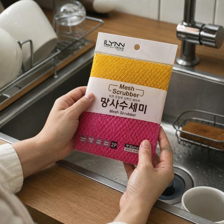 망사수세미 30cmx30cm 2매입 식기세척 주방청소용 메쉬스크러버