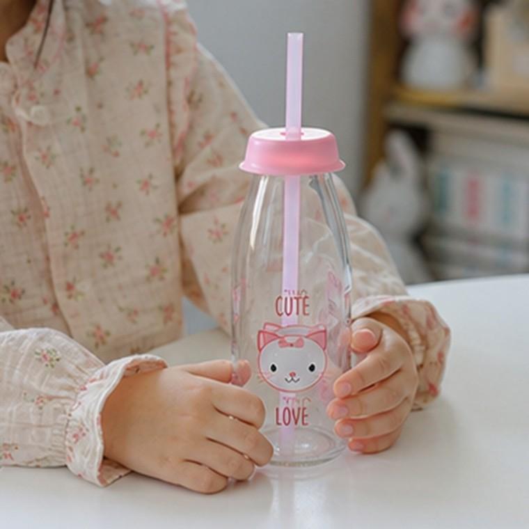 유리물병 빨대사용 어린이 캐릭터 냉장보관 분리세척 주방물병 음료병