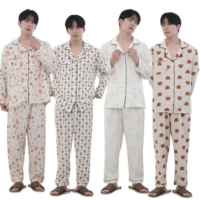 남성 포포면 긴팔 잠옷 홈웨어 단추 파자마 상하세트