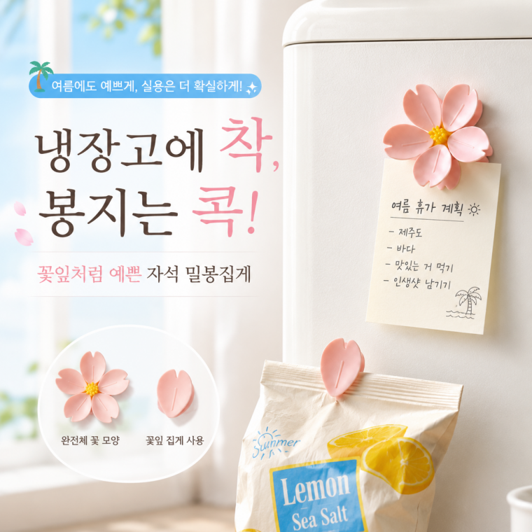냉장고자석/밀봉집게/QW/벚꽃집게/벚꽃소품/플라워자석/냉장고부착집게/벚꽃서류집게/사진집게/AKK-721