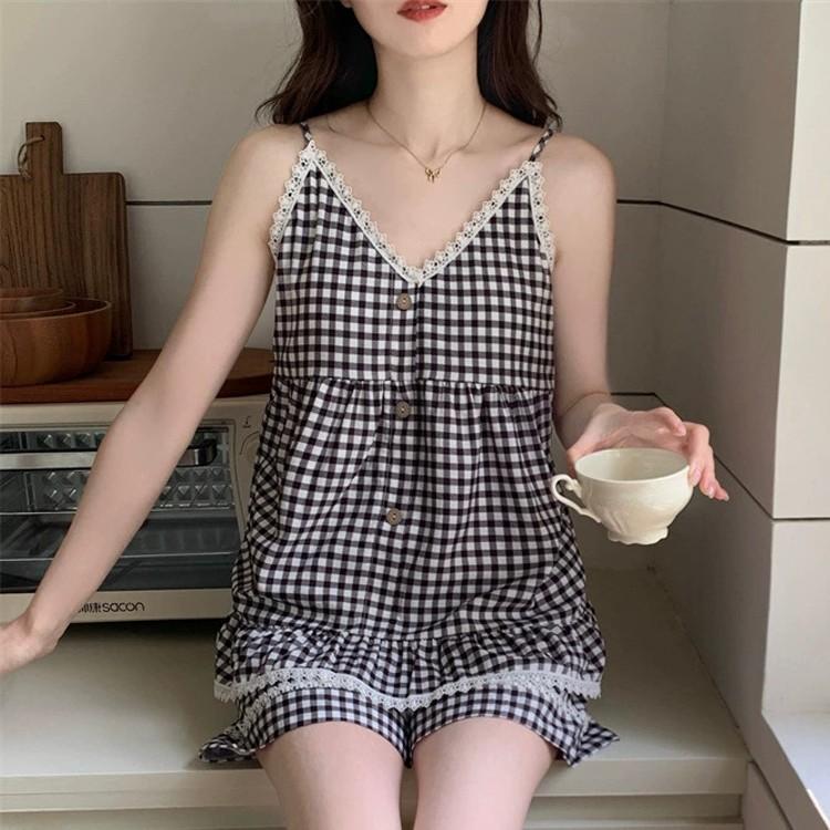 체크 레이스 캡내장 여름 파자마세트