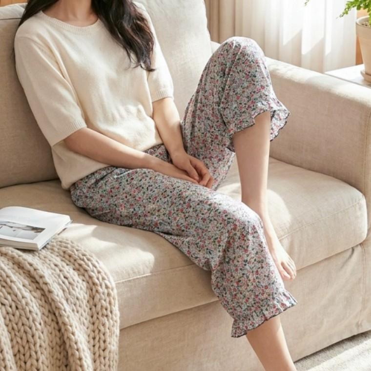 국산 여자 예쁜 꽃 프릴 파자마 바지 화사한 8부 잠옷 바지 이지웨어