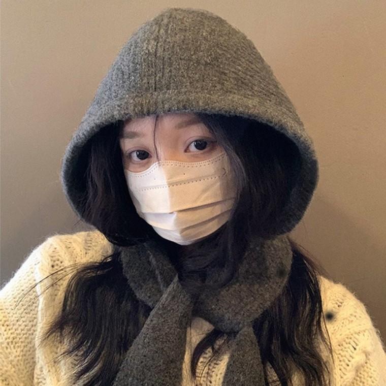 일체형 보넷형 패션 끈 모자 겨울철 머플러 모자