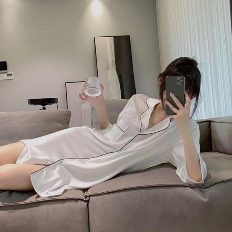 실크 파자마 블랙 화이트 로맨틱 홈웨어 원피스 7부