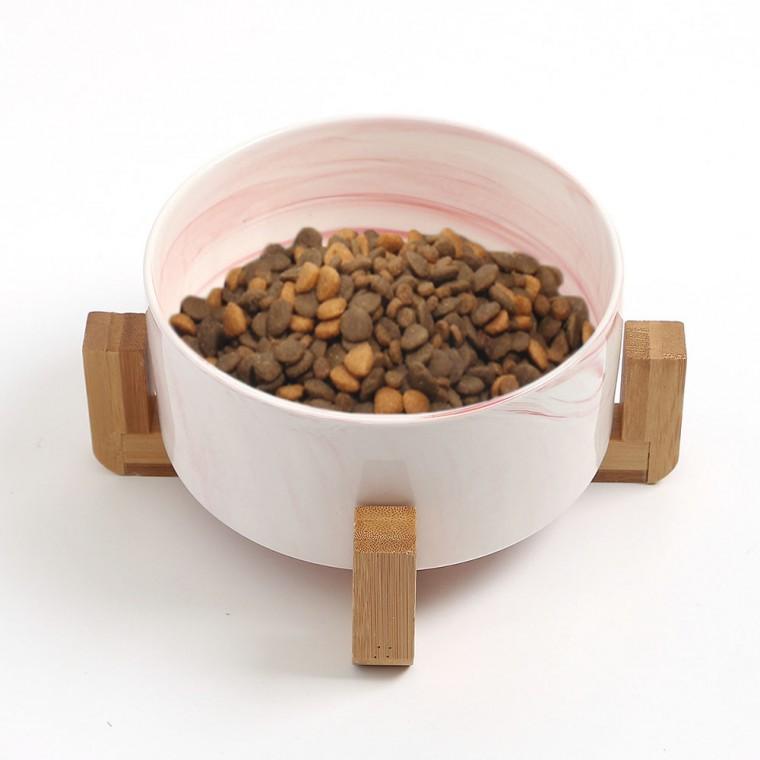 반려동물 우드받침 도자기식기(16cm) (마블핑크) 강아지도자기식기 고양이도자기식기 강아지밥그릇