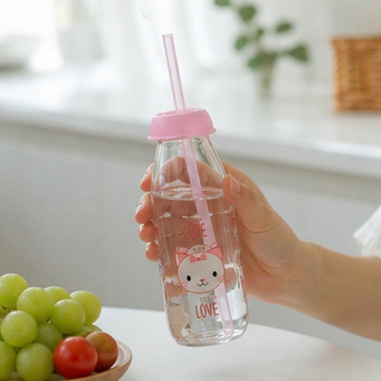 유리물병 빨대물병 뚜껑분리 세척편리 고양이 캐릭터 아동용 음료병 500cc