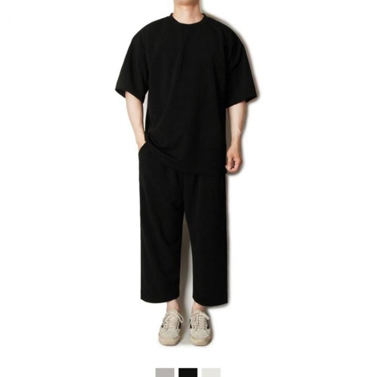 남성 오버핏 반팔 크롭 와이드 밴딩 바지 팬츠 셋업