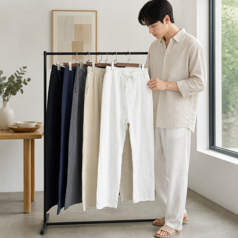 남성 린넨 밴딩 바지 여름 통기성 좋은 마 슬랙스 팬츠