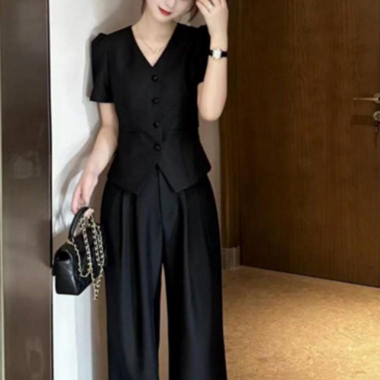 브이넥 퍼프소매 와이드 점프수트