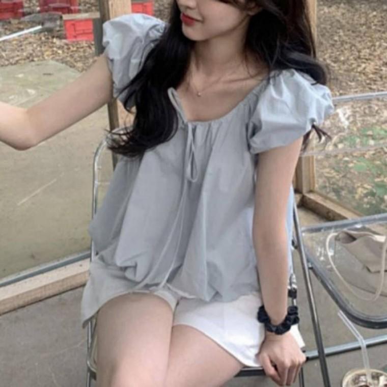 셔츠 쉬폰 여성 퍼프소매 여름 하객룩 블라우스 페미닌 리본