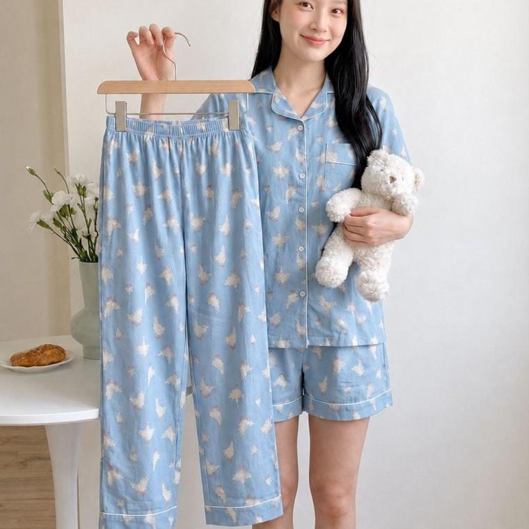 카라 구스 오리 파자마 잠옷세트 여름 시원한 얇은 반팔 홈웨어