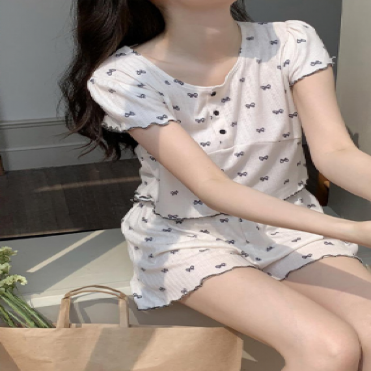 하이틴 골지 크롭 스판 반팔 반바지 실내복 체리 곰돌이 잠옷