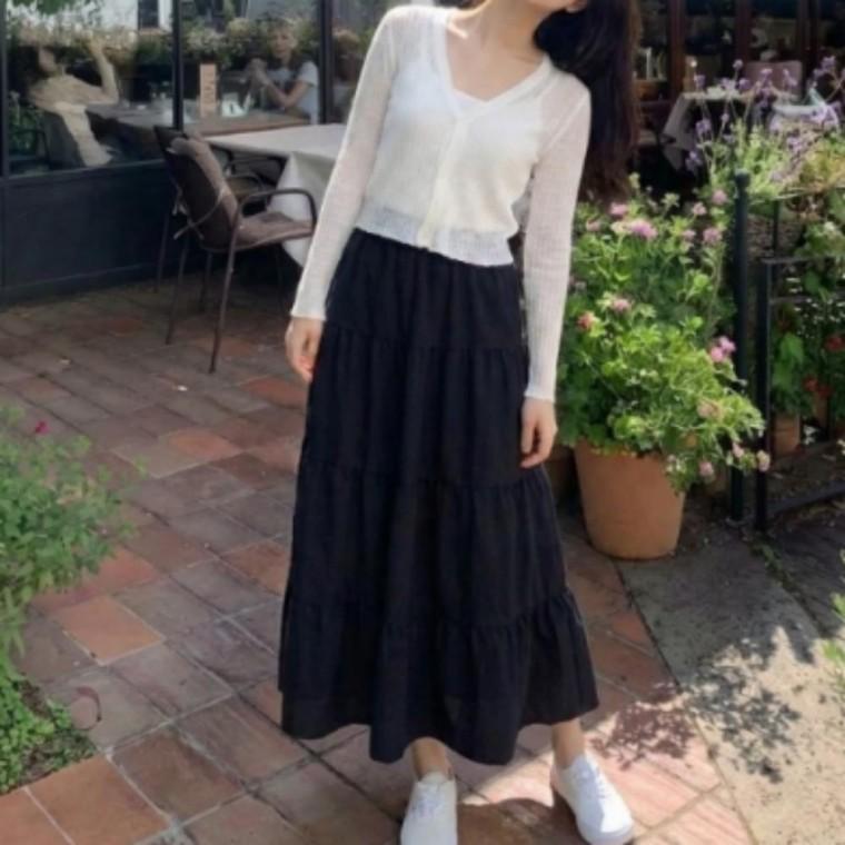 단정한 실루엣 러블리룩 캉캉스커트 롱치마 밴딩 티어드 롱스커트