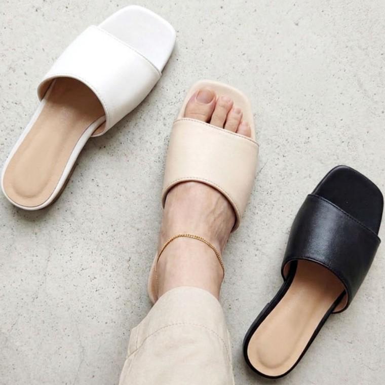 여성 스퀘어 토 뮬슬리퍼 스트랩 샌들힐 블로퍼 미들힐