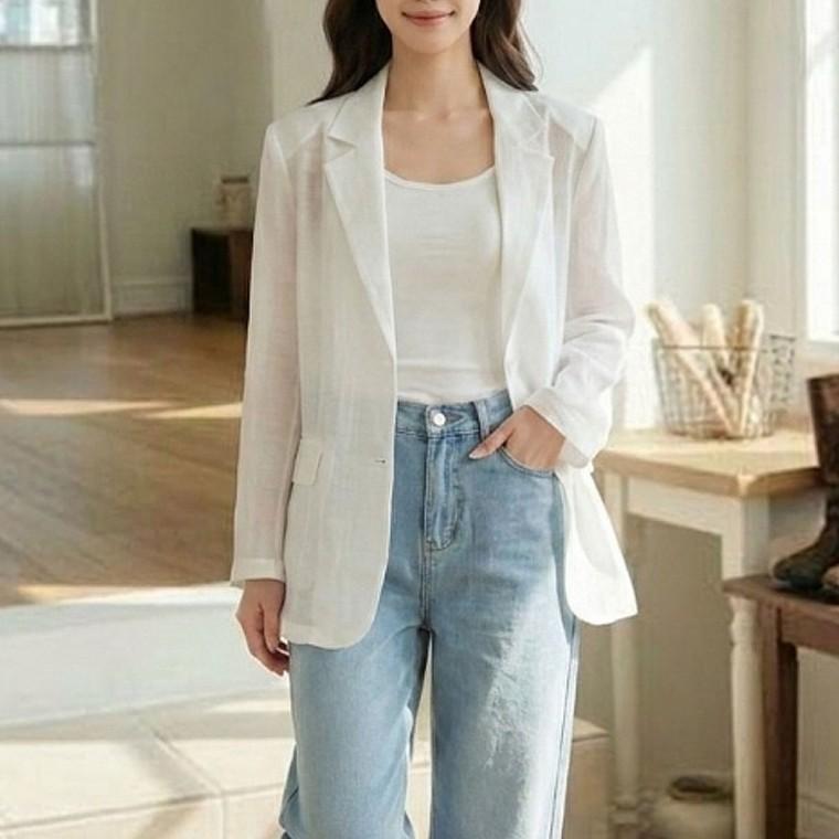 여자 여름 출근룩 원버튼 시스루 긴팔 자켓