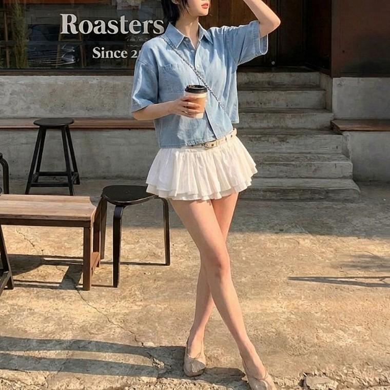 여자 여름 캐주얼룩 크롭 데님 반팔 셔츠 자켓