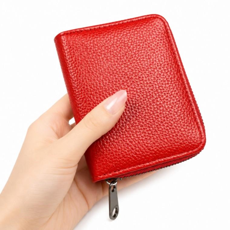 레드 여자 지퍼 카드 지갑 아코디언 가죽 카드 홀더