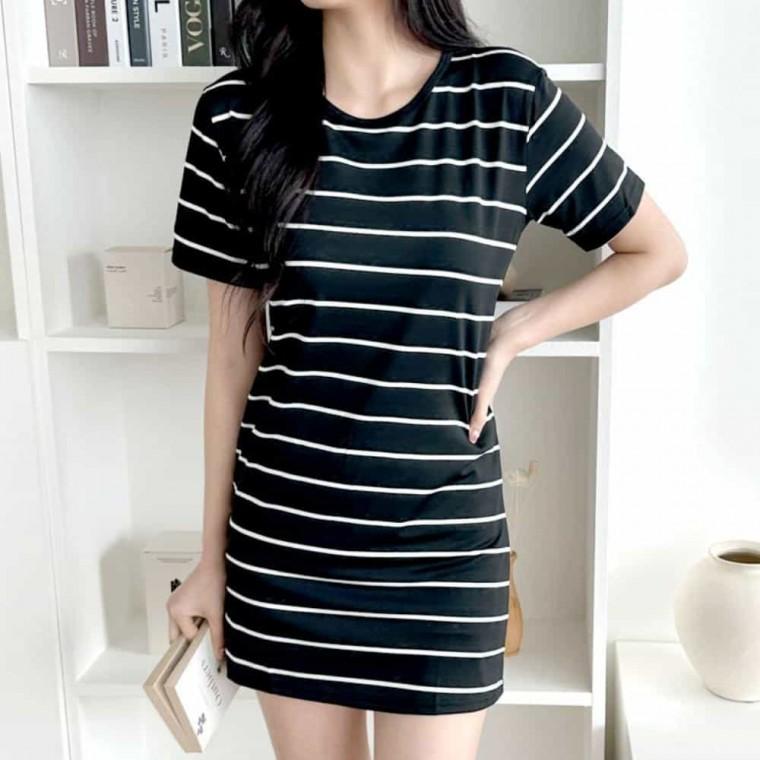 1+1 반팔 원피스 스트라이프 원피스실내복 여성홈웨어 파자마원피스 잠옷롱원피스 여성홈원피스