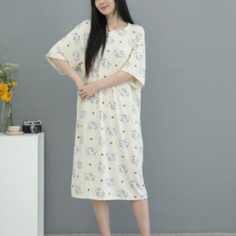 여성 피치 스판 반팔 원피스 잠옷 홈웨어 롱 파자마 원피스잠옷